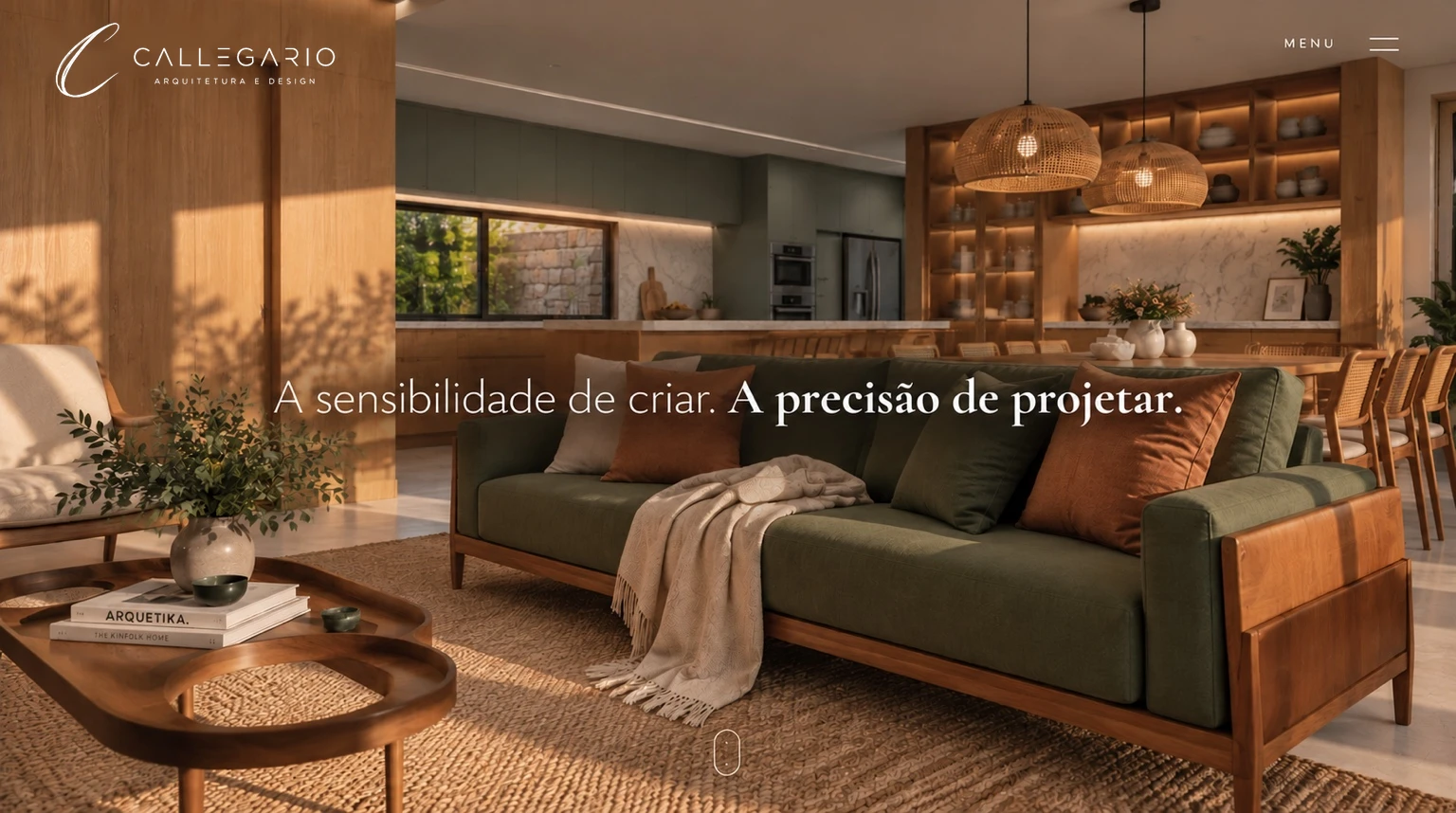 Ambiente residencial acolhedor com a identidade Callegario e a frase: A sensibilidade de criar. A precisão de projetar.