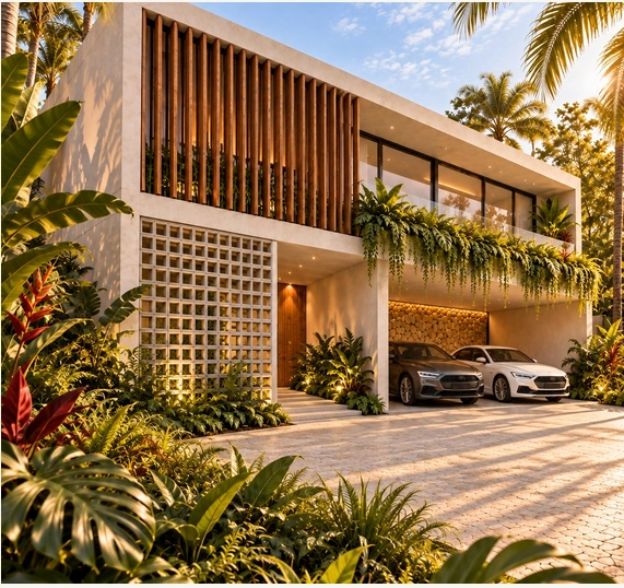 Fachada contemporânea com brises de madeira e vegetação tropical