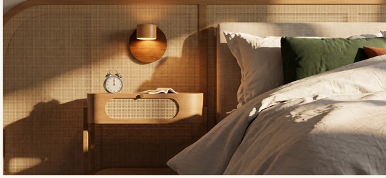 Quarto acolhedor com materiais naturais e iluminação delicada