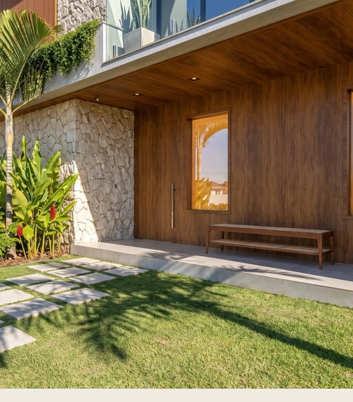 Entrada de casa com jardim, pedra e madeira